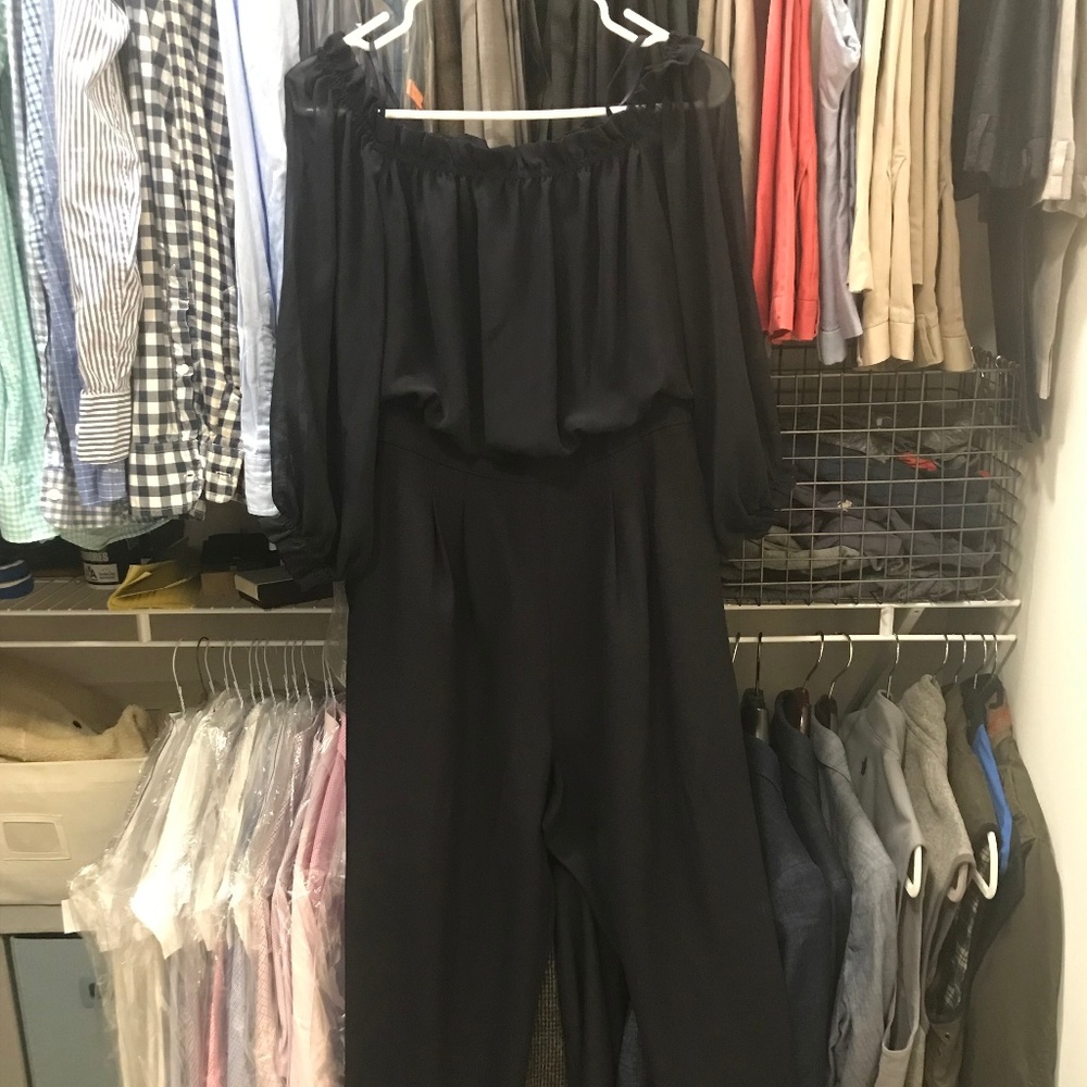Eliza J off the shoulder jumpsuit in Navy